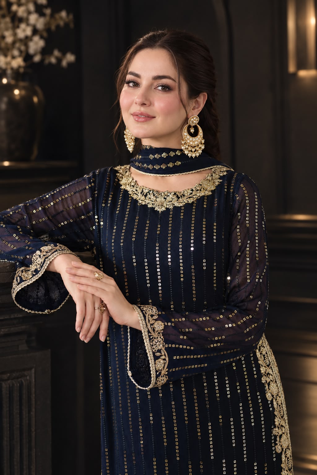 Elegant three-piece suit featuring intricate sequence embroidery throughout 322