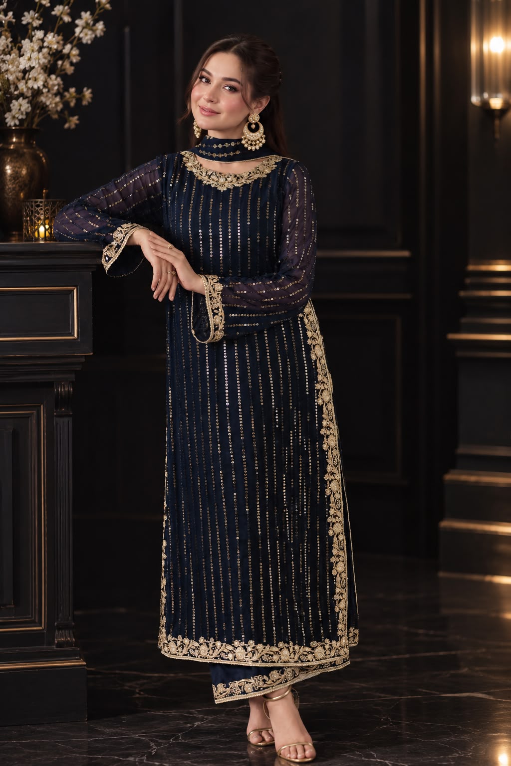 Elegant three-piece suit featuring intricate sequence embroidery throughout 322