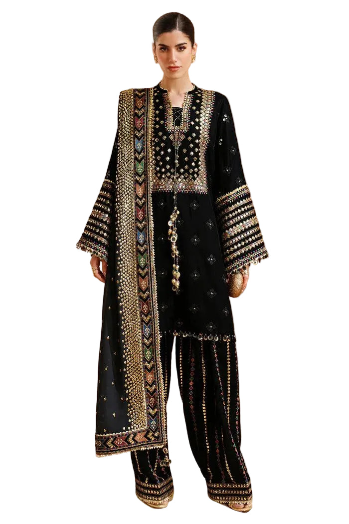 Elegant unstitched ensemble featuring luxurious velvet for the shirt with intricate 9mm sequin