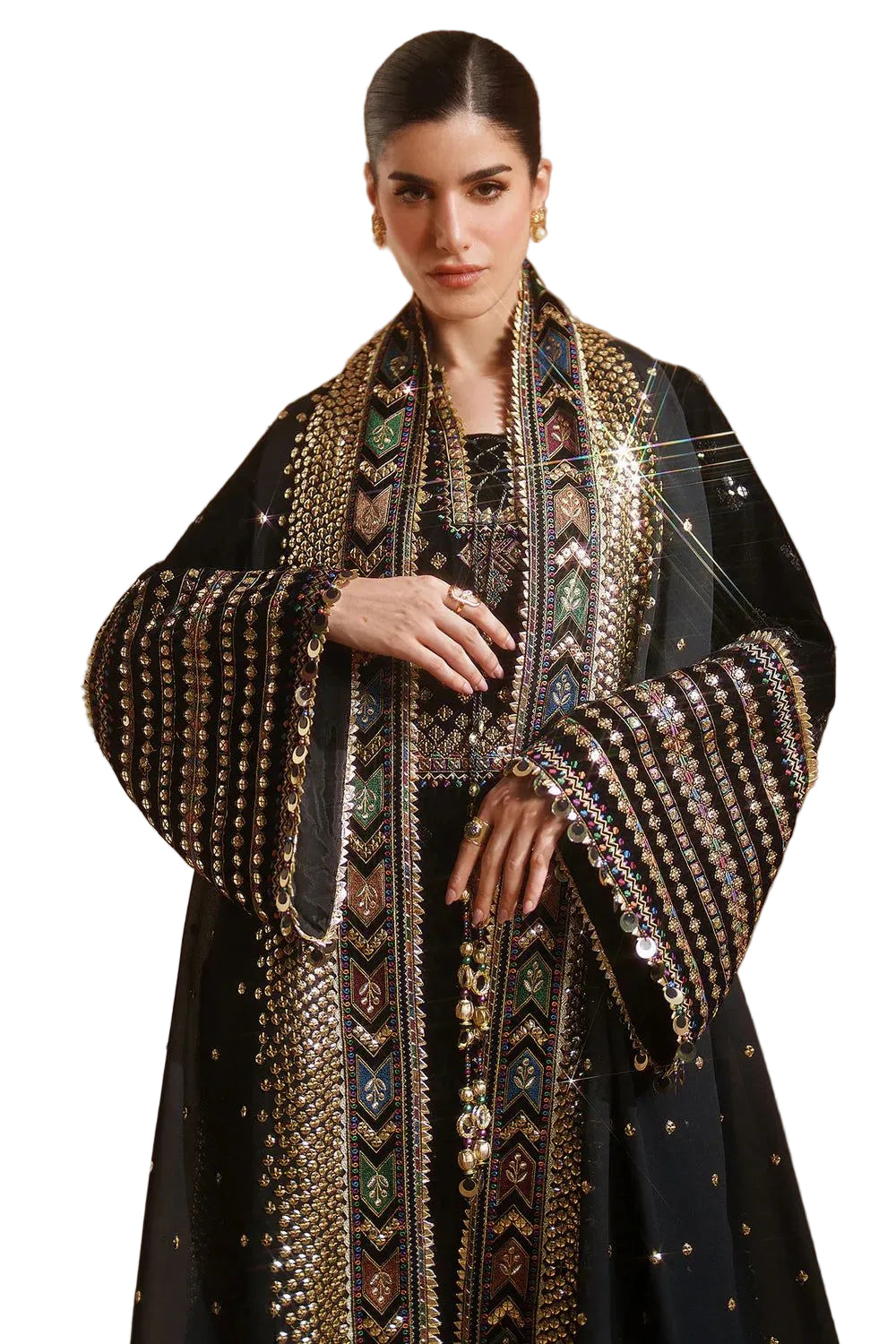 Elegant unstitched ensemble featuring luxurious velvet for the shirt with intricate 9mm sequin