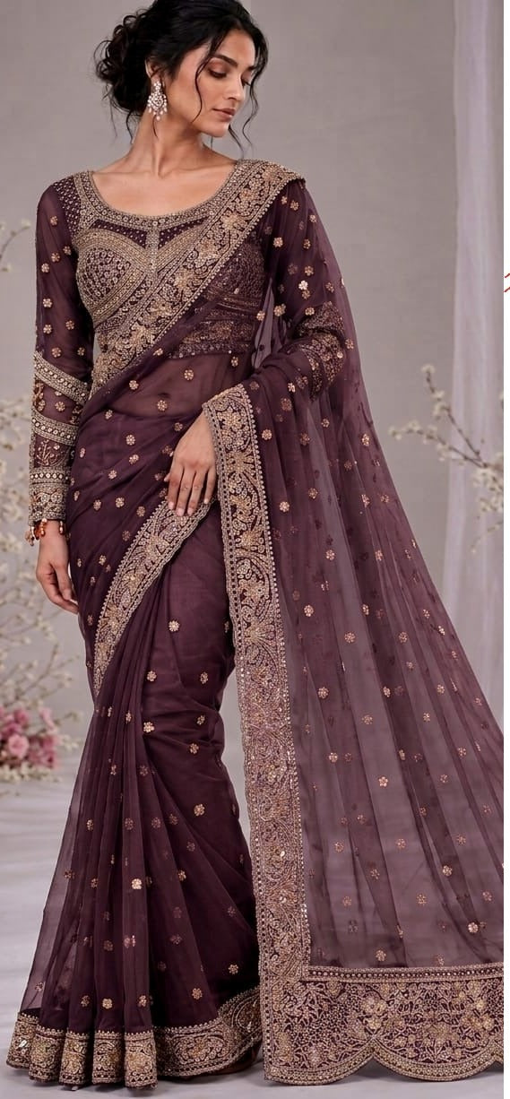 Elegant net saree crafted with intricate embroidery featuring sequins, stones 5038