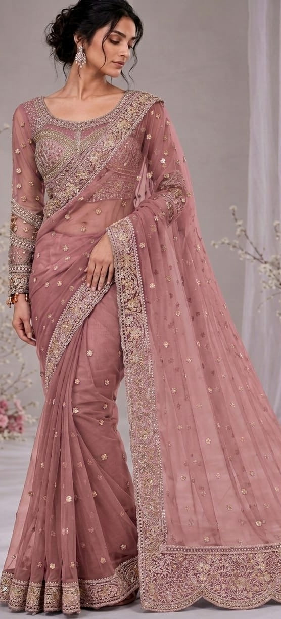 Elegant net saree crafted with intricate embroidery featuring sequins, stones 5038