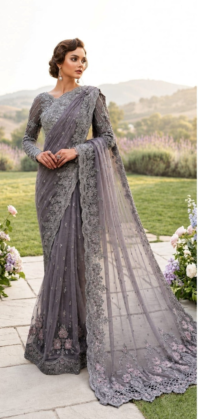 Elegant net saree adorned with intricate embroidery featuring sequins, stones 5040