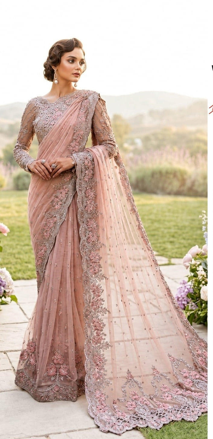 Elegant net saree adorned with intricate embroidery featuring sequins, stones 5040