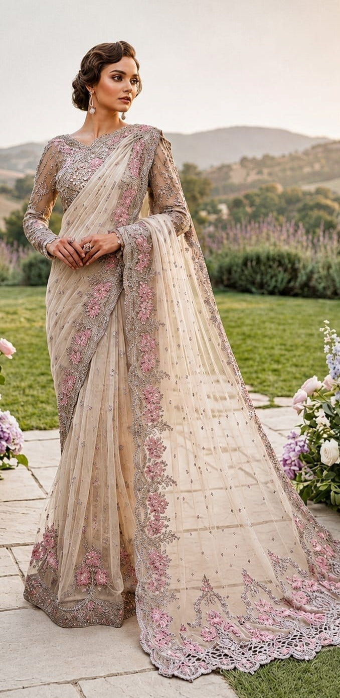 Elegant net saree adorned with intricate embroidery featuring sequins, stones 5040