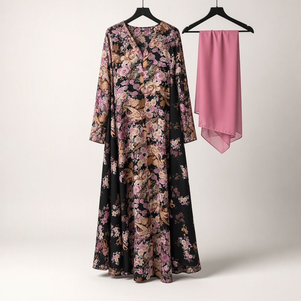 Printed abaya with rubber sleeves and crinkle chiffon scarf
