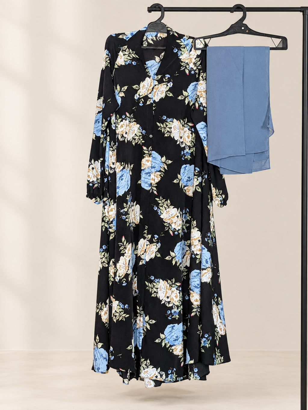 Floral Printed  - Black Button-Down Front Open Abaya Gown with Matching Scarf (2-Piece Set)