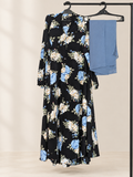 Floral Printed  - Black Button-Down Front Open Abaya Gown with Matching Scarf (2-Piece Set)