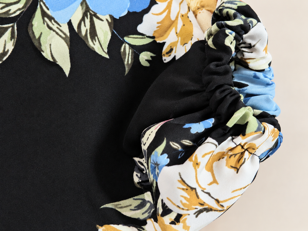 Floral Printed  - Black Button-Down Front Open Abaya Gown with Matching Scarf (2-Piece Set)