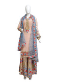 This stunning three-piece ensemble features premium georgette fabric adorned with intricate embroidery and detailed back work on the top