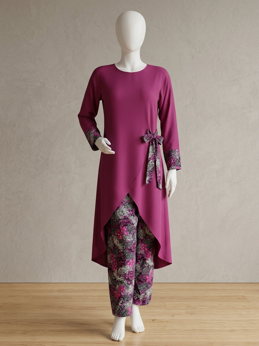 Overlap Long Tunic & Floral Printed Trousers | 2-Piece Set