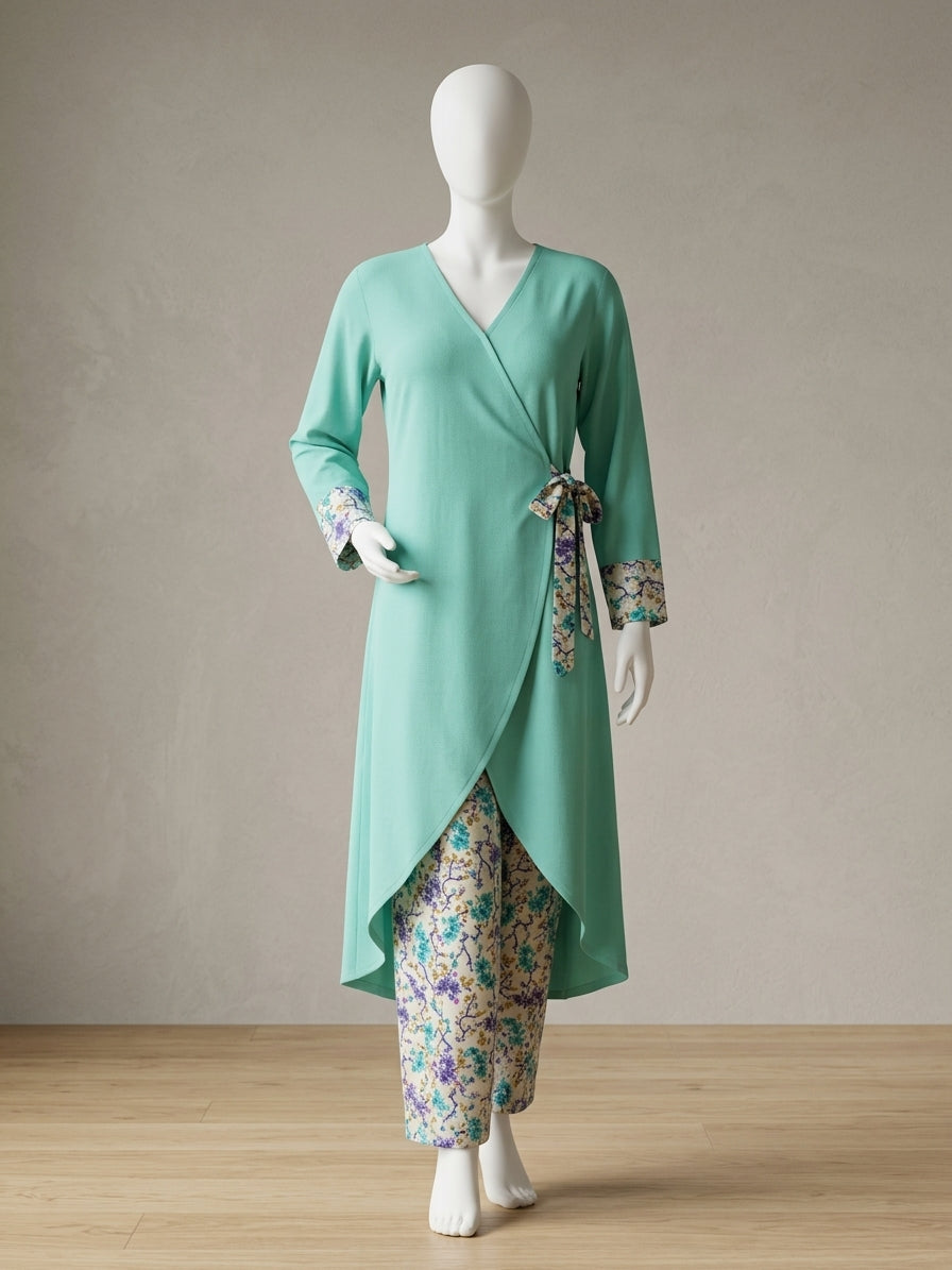 Overlap Long Tunic & Floral Printed Trousers | 2-Piece Set