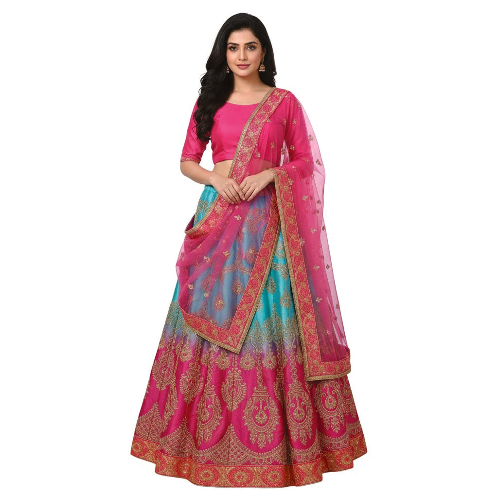 Elegant silk lehanga adorned with delicate net embroidery, perfect for special occasions